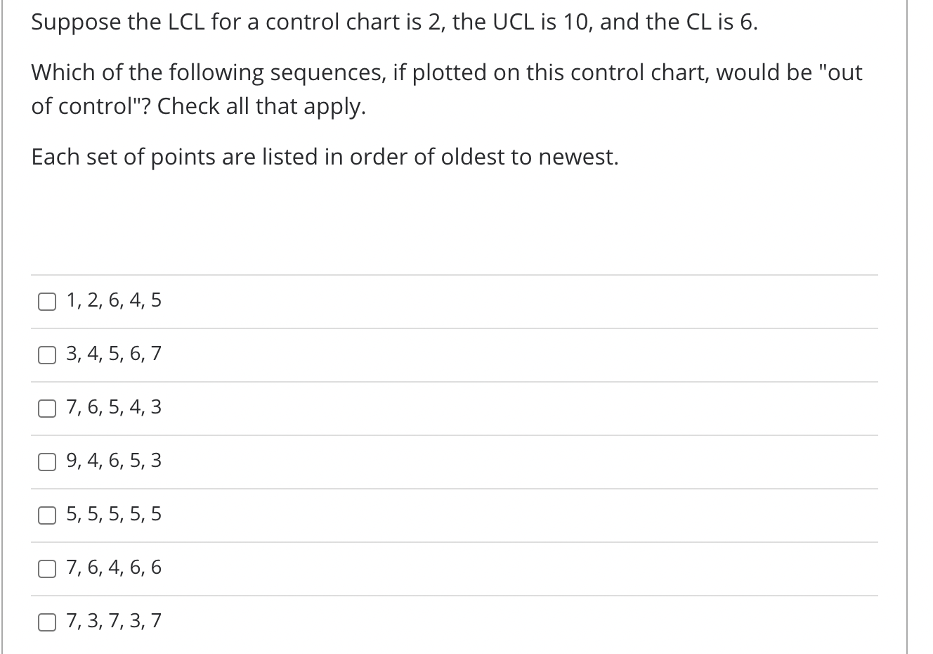 Suppose the LCL for a control chart is 2, the UCL