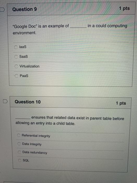 Question 9 1 pts in a could computing "Google