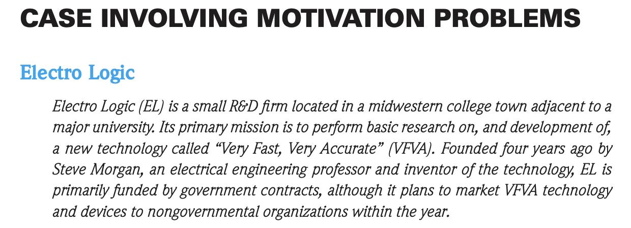 CASE INVOLVING MOTIVATION PROBLEMS Electro Logic