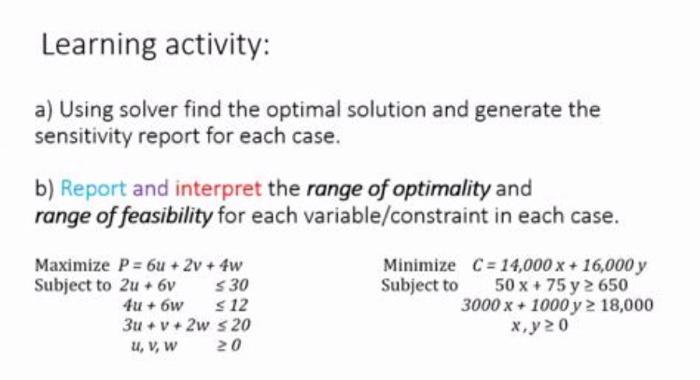 Learning activity: a) Using solver find the