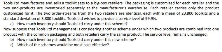 Tools Ltd manufactures and sells a toolkit sets