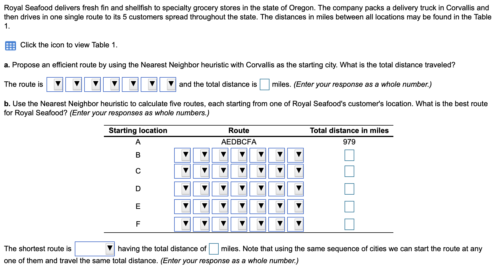 Drop Downs include: Table 1: Royal Seafood