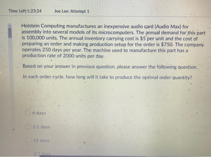 question 38 Time Left:1:23:24 Joe Lee: Attempt 1