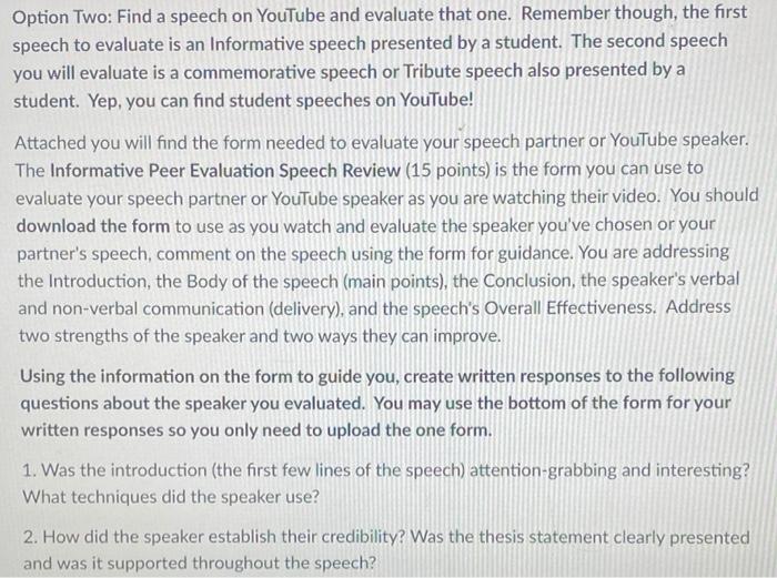 Option Two: Find a speech on YouTube and evaluate