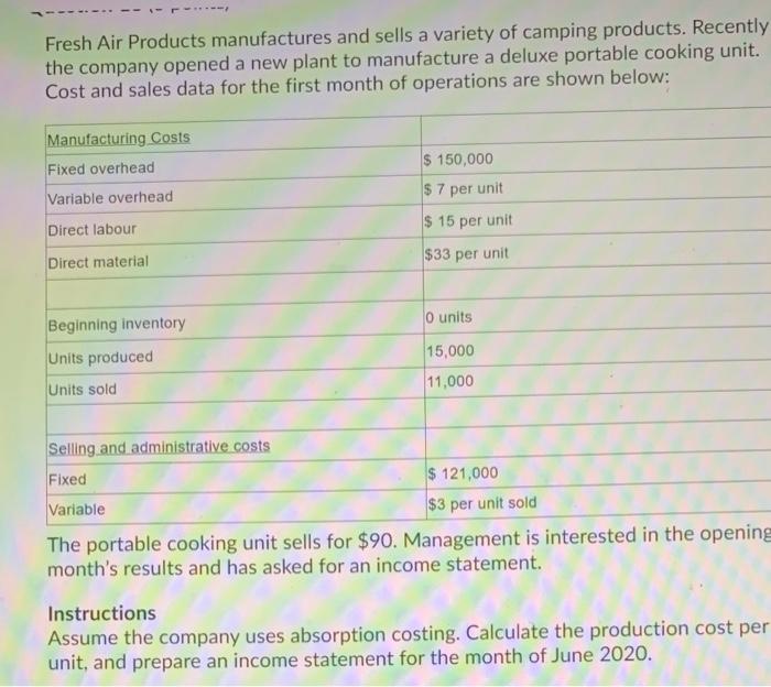 Fresh Air Products manufactures and sells a