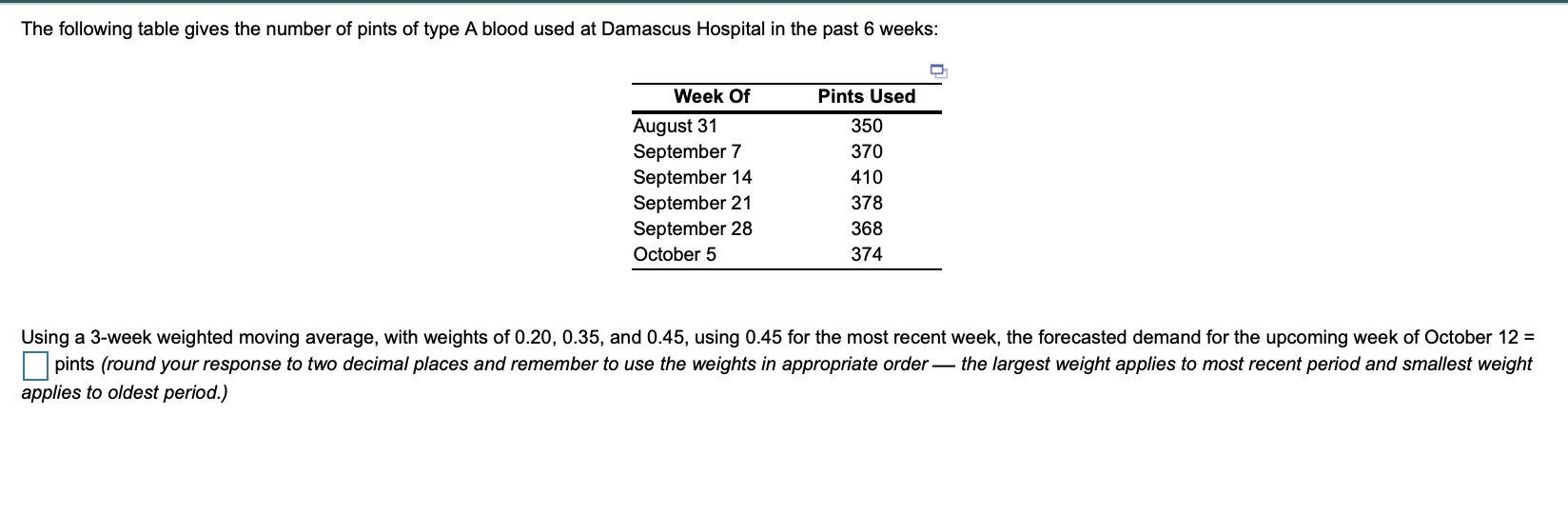 The following table gives the number of pints of
