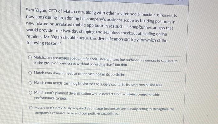 answer all please Sam Yagan, CEO of Match.com,