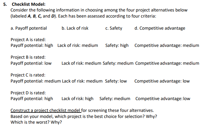 5. Checklist Model: Consider the following