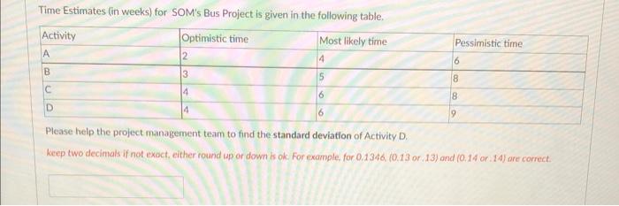 Time Estimates (in weeks) for SOM's Bus Project