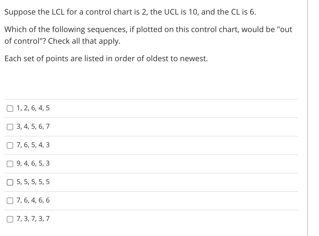 Please select all that apply. Suppose the LCL for