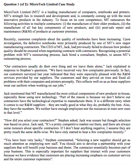 Question 1 (of 2): MicroTech Limited Case Study