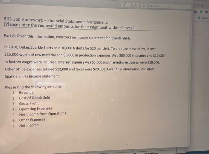 please help me chegg Q Sewch + 9 Khan BUS 160