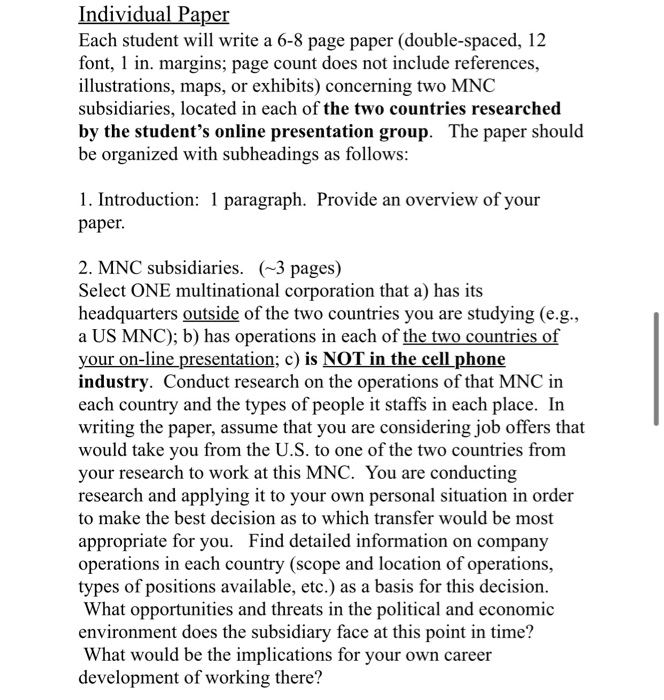 Individual Paper Each student will write a 6-8