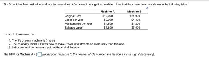 NPV for A and B Tim Smunt has been asked to