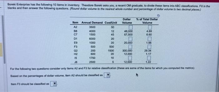 Boreki Enterprise has the following 10 items in