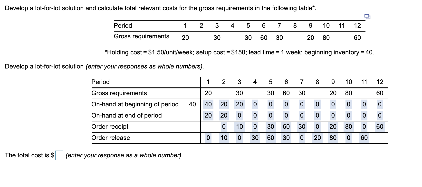 Develop a lot-for-lot solution and calculate