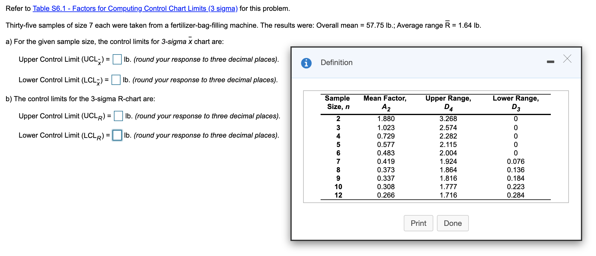 Refer to Table 56.1 - Factors for Computing