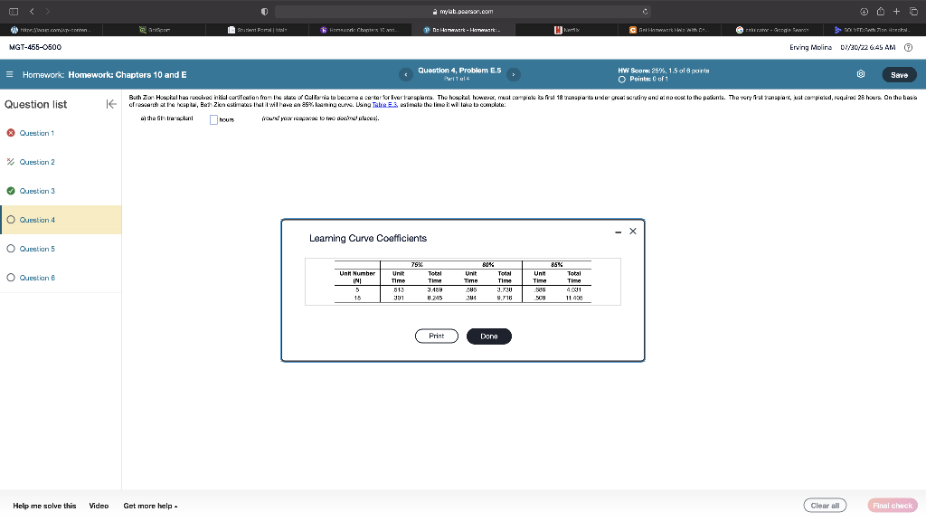 and Learning Curve Coefflcients a) the 5th