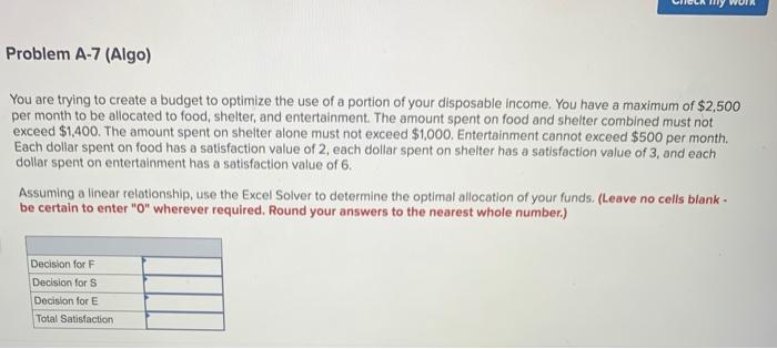 Problem A-7 (Algo) You are trying to create a