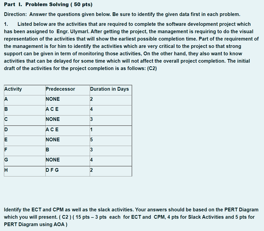 Part I. Problem Solving ( 50 pts) Direction:
