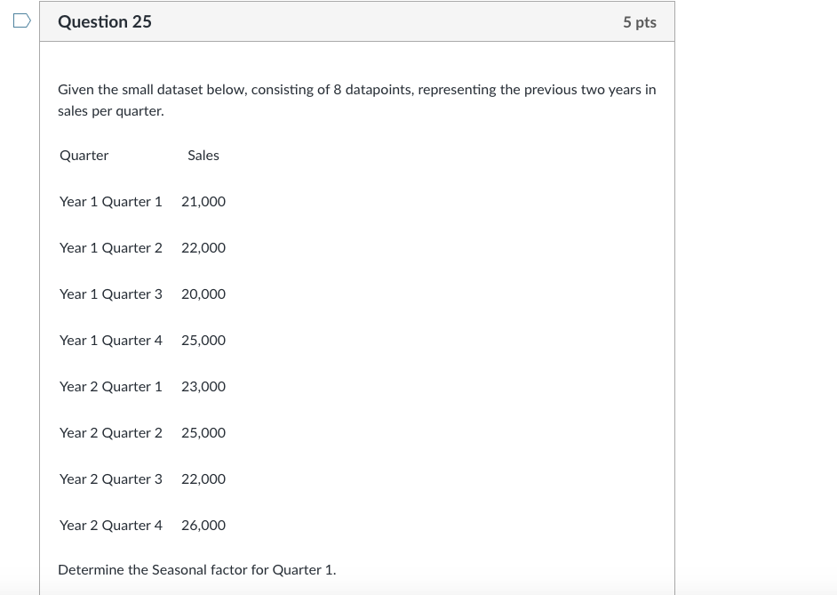 Question 25 5 pts Given the small dataset below,