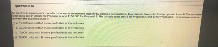 QUESTION 30 An electronic equipments manufacturer