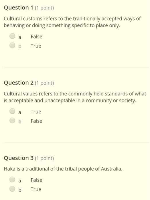 Question 1 (1 point) Cultural customs refers to