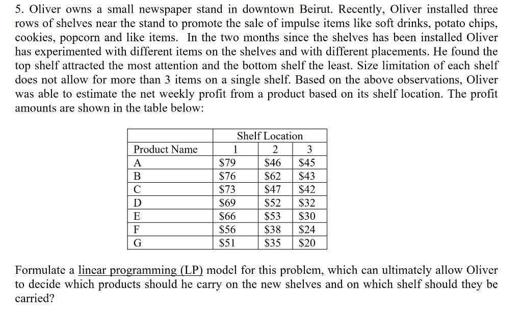 5. Oliver owns a small newspaper stand in