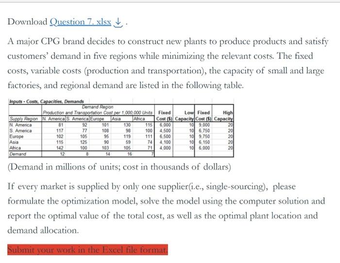 Download Question 7.xlsx . A major CPG brand