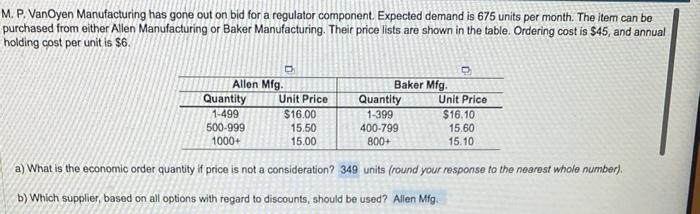 1. P. VanOyen Manufacturing has gone out on bid