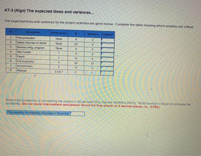 Need a solution to problem. A7-3 (Algo) The