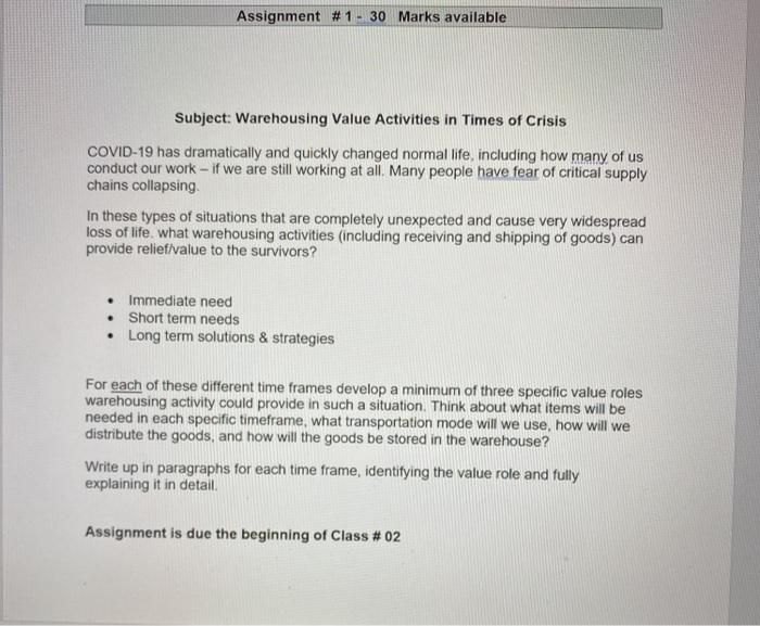 Assignment #1 - 30 Marks available Subject: