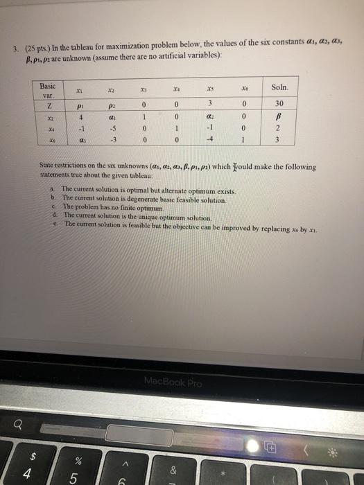 3. (25 pts.) In the tableau for maximization