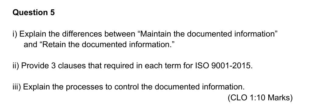 Quality Management Systems And Auditing Question