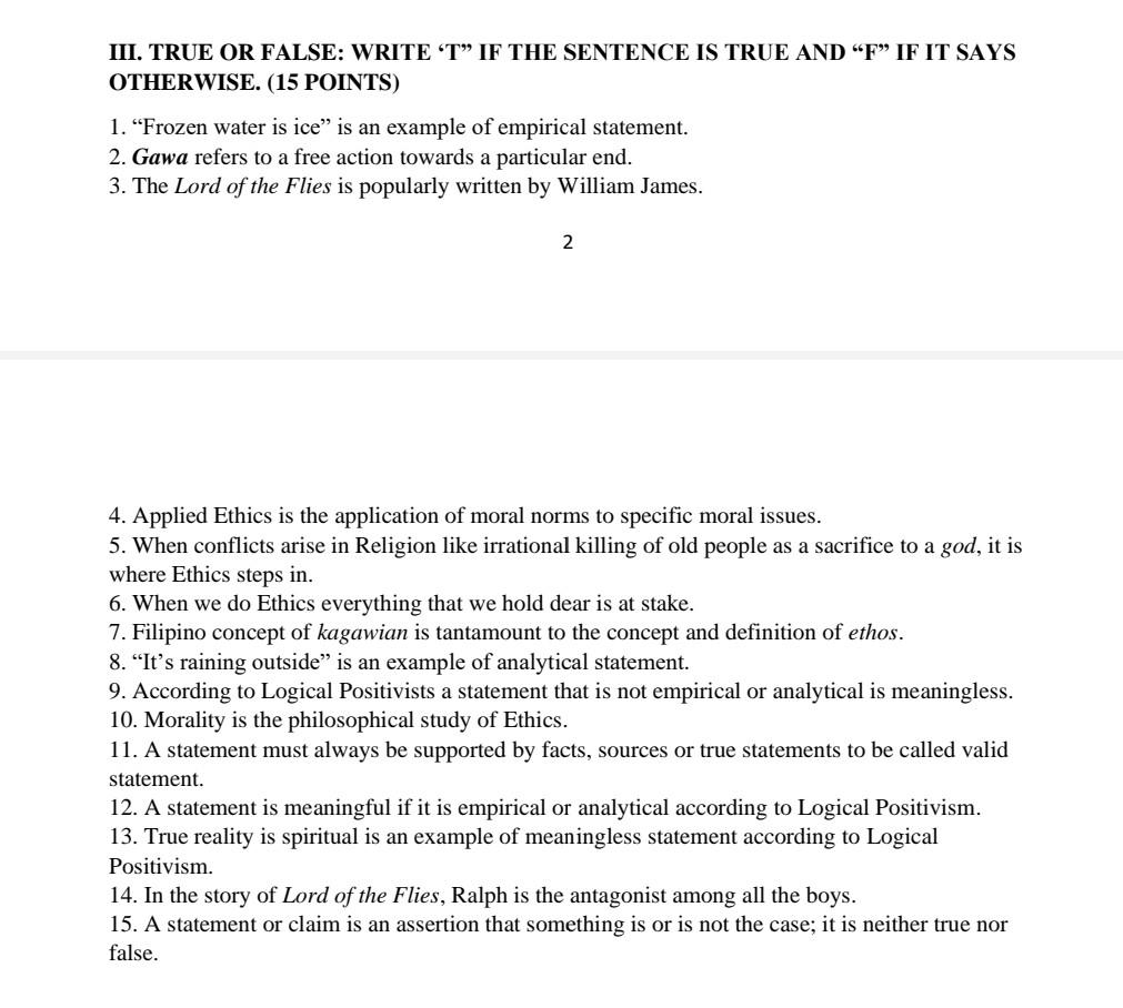 PLEASE HELP III. TRUE OR FALSE: WRITE 'T