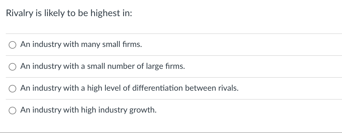 Rivalry is likely to be highest in: An industry