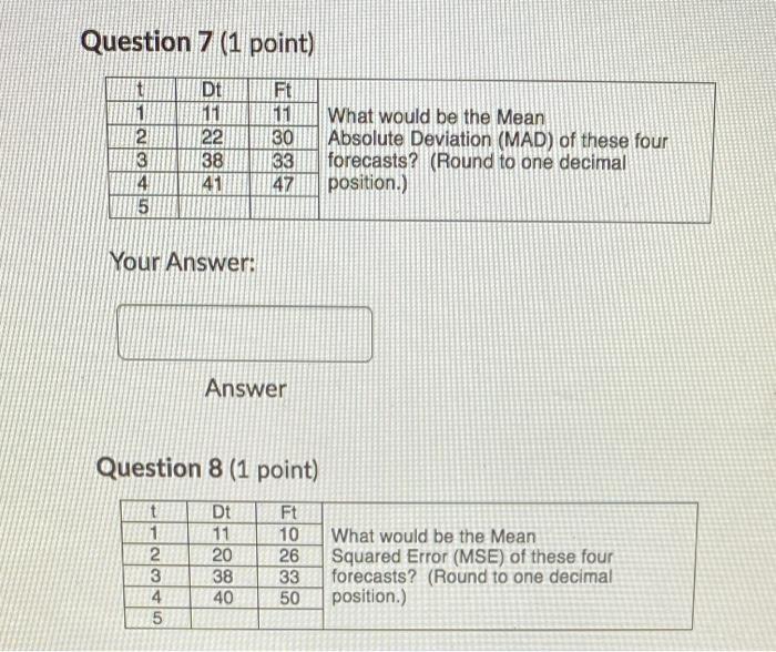 Question 1 (1 point) Ft t 1 2 3 4 5 Dt 29 32 24