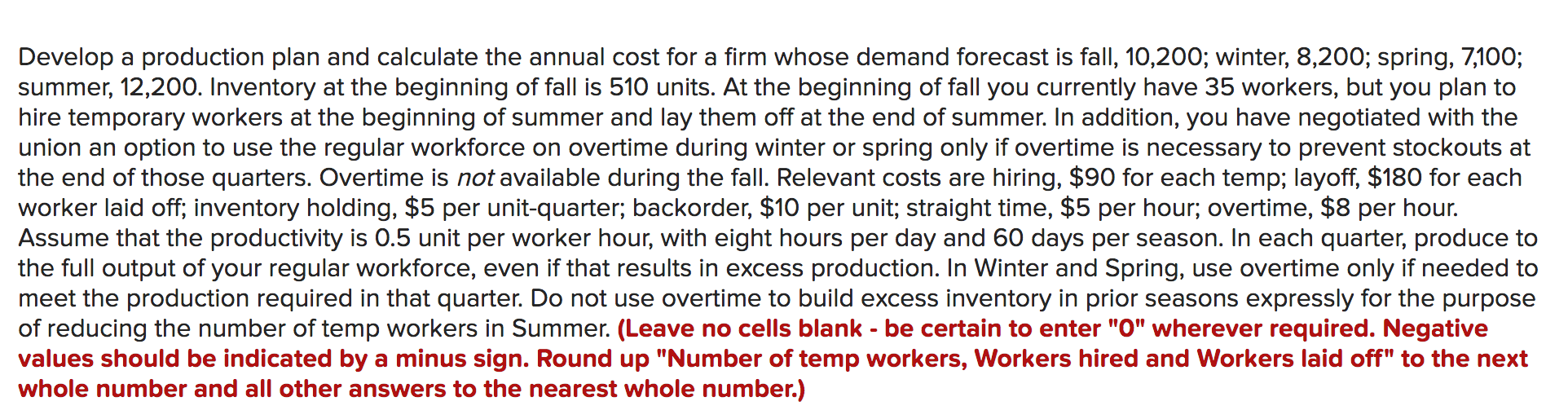 Develop a production plan and calculate the