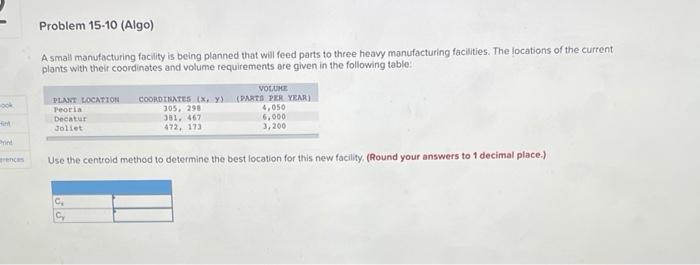 Problem 15-10 (Algo) A small manufacturing