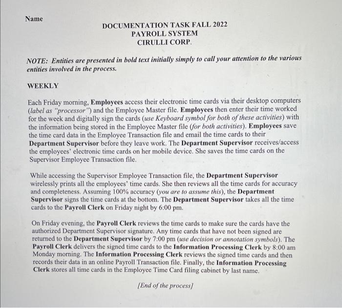 Name DOCUMENTATION TASK FALL 2022 PAYROLL SYSTEM