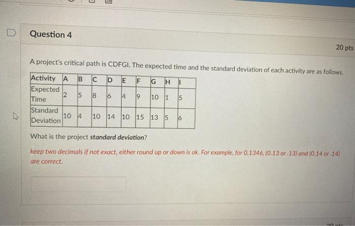 A project's critical path is CDFGI. The expected