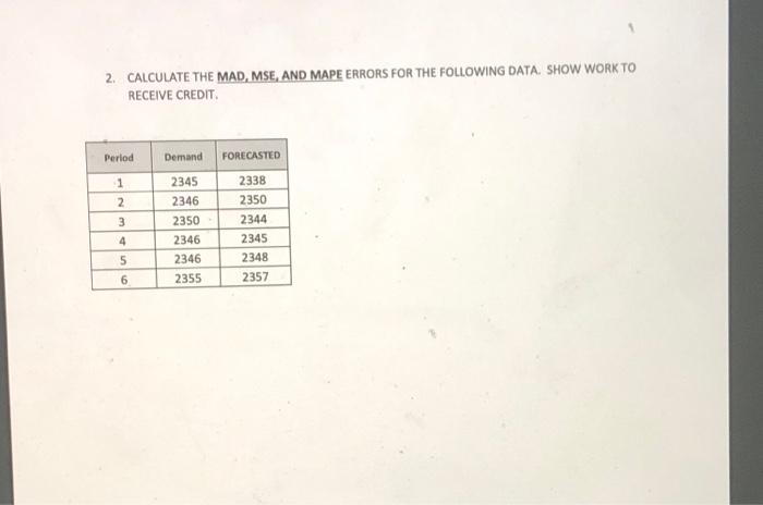 2. CALCULATE THE MAD, MSE, AND MAPE ERRORS FOR