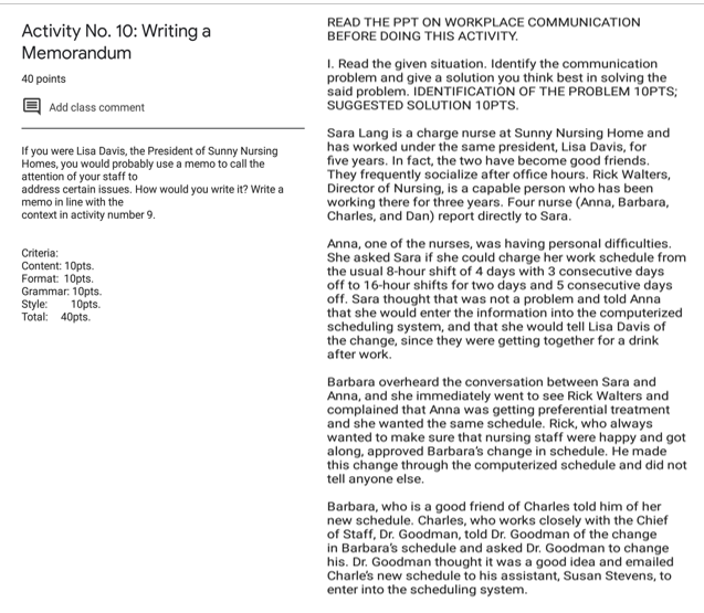Activity No. 10: Writing a Memorandum 40 points