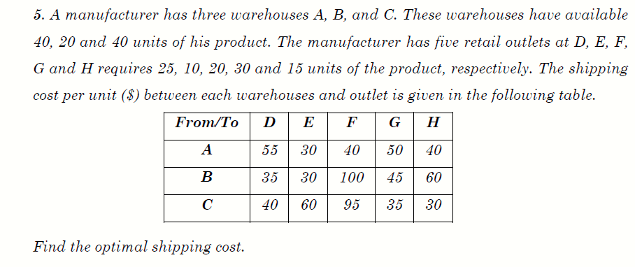 5. A manufacturer has three warehouses A,B, and