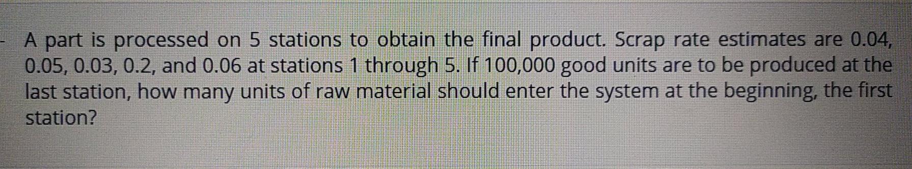 A part is processed on 5 stations to obtain the