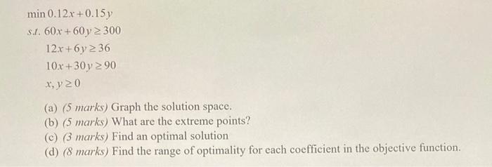 min 0.12 x +0.15y st. 60x + 60 y 300 12x+6y2 36