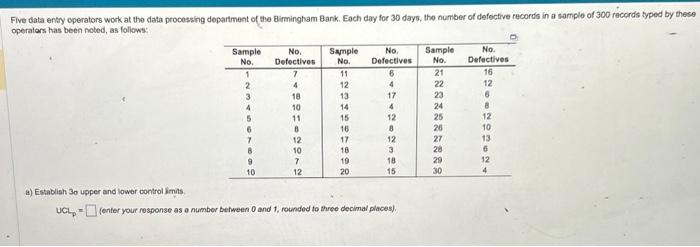 a) Establish 3 upper and lower control limits.