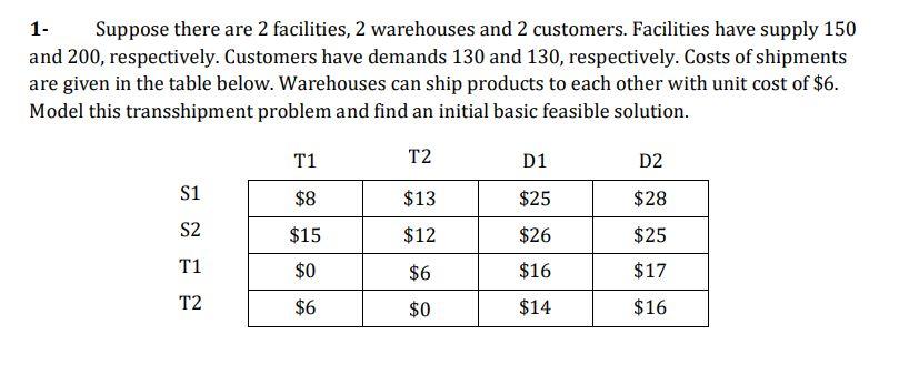 1- Suppose there are 2 facilities, 2 warehouses