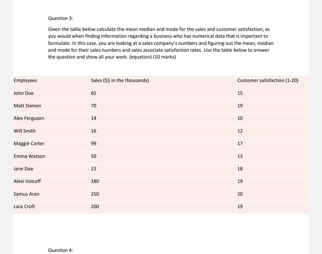 Question 3: Given the table below calculate the