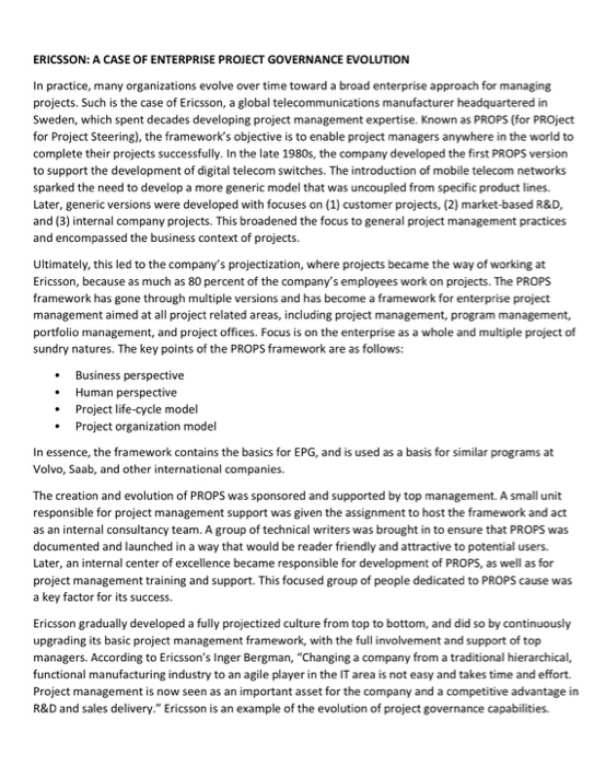 Question: ERICSSON: A CASE OF ENTERPRISE PROJECT